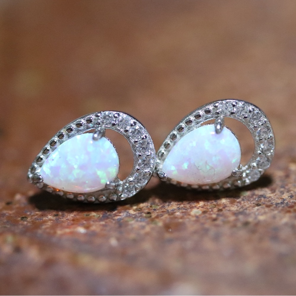 White Opal Teardrop Stud Earrings with Crystal Halo